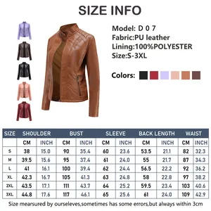 Detailed size chart for D07 women's PU leather jacket including S to 3XL measurements