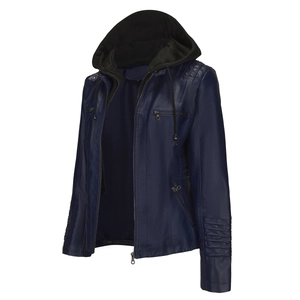 Detail view of the quilted sleeves and metal zipper on this navy blue hooded PU jacket