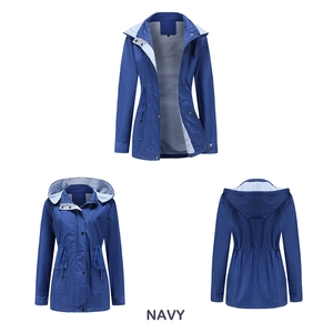 Detail of navy waterproof coat with adjustable drawstring waist and stripe lining