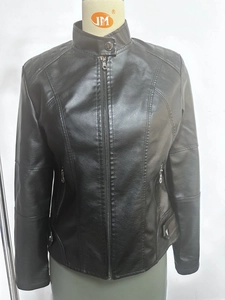 Front view of a slim fit black faux leather jacket with stand collar and zipper pockets