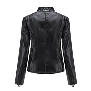 Rear view of women's black PU leather biker jacket with quilted shoulders and sleeve zippers