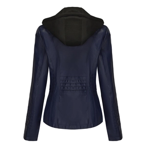 Detail view of the quilted stitching and hooded design on back of navy blue PU leather jacket