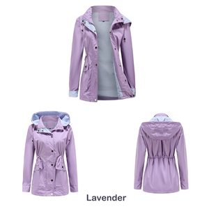 Three-view detail of lavender trench coat featuring drawstring waist and striped lining