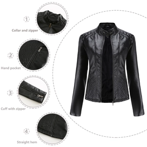 Detail view of women's black faux leather biker jacket with quilted textures and zippers
