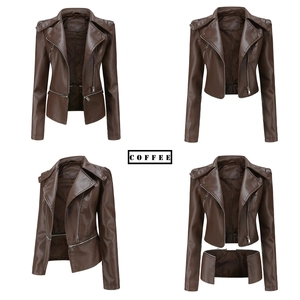 Detail of coffee faux leather biker jacket featuring a detachable hem for two styling options