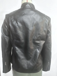 Rear view of black PU leather biker jacket featuring a stand collar and zipped cuffs