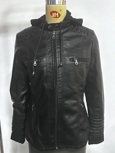 Detail of black hooded PU leather jacket featuring parallel stitched sleeve cuffs