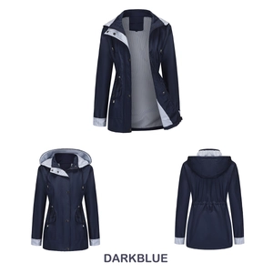 Detail view of dark blue hooded raincoat featuring striped lining and adjustable drawstring waist