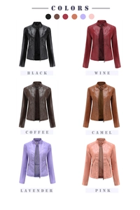 Detail view of women's biker leather jacket colors with quilted sides and zip pockets