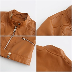Detail view of brown faux leather biker jacket with stand collar and metal zippers