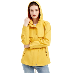 Women's Hooded Mid-Length Windbreaker Jacket Waterproof Drawstring Waist Long Sleeve Outdoor Casual Coat Trench Coat