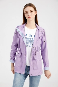 Close-up of lavender trench coat with striped lining and adjustable drawstring waist