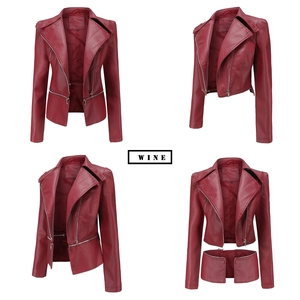 Detail of wine red PU leather biker jacket featuring a functional removable 2-in-1 zip hemline