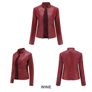 Three-way view of wine red PU leather motorcycle jacket with quilted shoulder and waist details