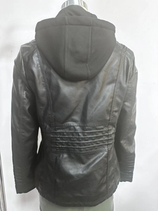 Back view of women's hooded PU leather jacket featuring slim fit and quilted waist details