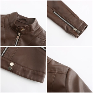 Detail view of the stand-up collar, zipper cuffs, and hem of this brown PU leather jacket