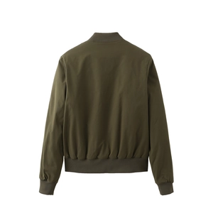 Back view of army green women's padded bomber jacket with ribbed cuffs and hem