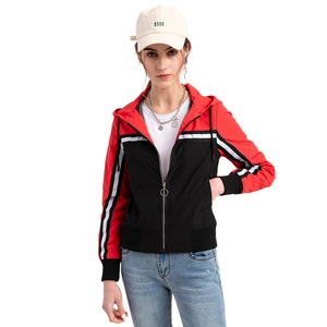 Damen Casual Farbblock Kapuzen Windjacke Wasserdicht Outdoor Sportlich Dünnes Top Mit Reißverschluss Und Rippbündchen