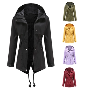 Women's hooded drawstring windbreaker jacket available in black, green, yellow, and red colors