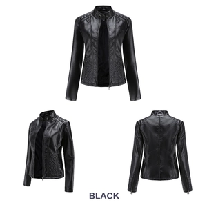 Detailed multi-angle views of a black biker leather jacket with diamond quilted patterns