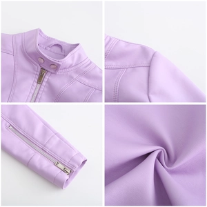 Detailed views of a lavender PU leather jacket featuring snap collar and zip cuffs