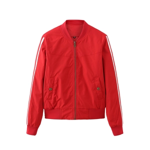 Women's padded red bomber jacket featuring white stripes on sleeves and ribbed trim