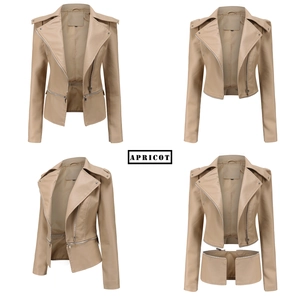 Detailed view of apricot leather jacket with detachable hem and versatile zipper feature