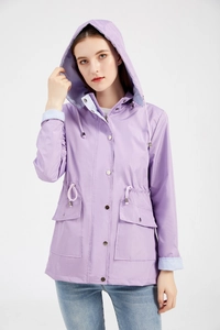 Close-up of lavender waterproof raincoat with striped hood lining and adjustable drawstring