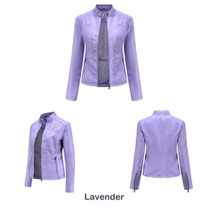 Detailed views of a lavender PU leather motorcycle jacket showing quilted textures and seams