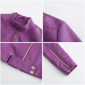 Detail view of purple PU leather jacket with metal zippers and stand collar buckles