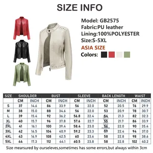 Größentabelle für Damen-Lederjacke mit Nieten, Maße S bis 5XL in cm und Zoll angegeben