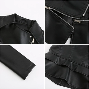 Detailed views of black faux leather biker jacket featuring lapels and metal zippers