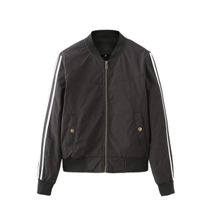 Women's black striped bomber jacket with ribbed collar and casual athletic flight style