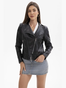 Detailed view of women's black biker jacket featuring silver rivets and classic lapels