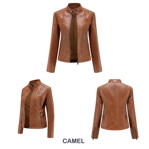 Detailed views of camel faux leather jacket showing stand collar and quilted texture