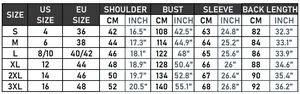 Detailed size chart for winter hooded parka jacket with US and EU measurement values