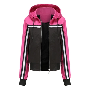 Damen Kapuzenwindjacke mit rosa-schwarzem Color-Blocking und sportlichen Streifen