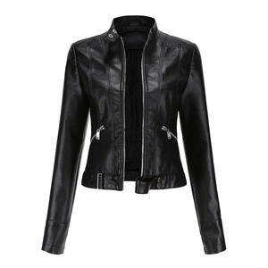Women black faux leather biker jacket with slim fit design and metallic zippers