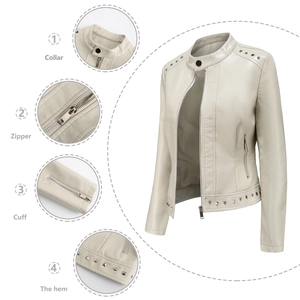 Damen Kunstlederjacke in Creme mit Stehkragen und modischen Nietendetails