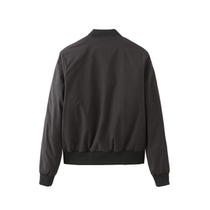 Rear view of black padded bomber jacket with ribbed cuffs and hem on white background
