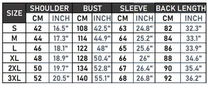 Detailed size chart for women's winter parka showing shoulder, bust, and length measurements