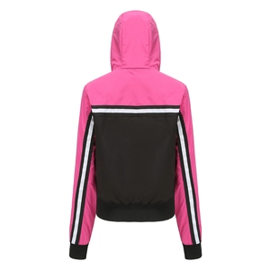 Damen Kapuzen-Windbreaker in Pink und Schwarz mit gestreiften Ärmeln und Saum