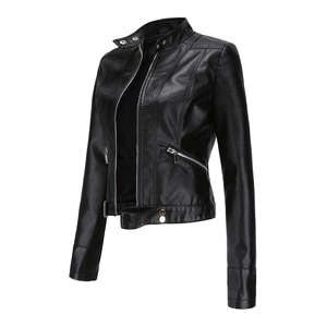 Classic black faux leather moto jacket for women with stand collar and zipper details