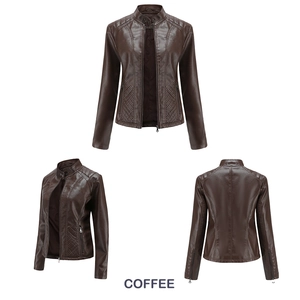 Detailed front and back views of coffee brown women's biker leather jacket with quilting