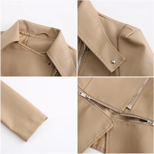Detailed views of tan PU leather jacket showing the lapel, zippers, and sleeve textures