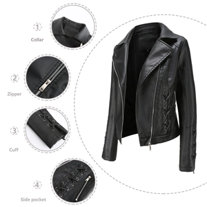 Veste motard noire en similicuir pour femme avec poignets lacés et détails zippés