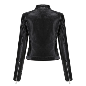 Back view of a slim fit black faux leather jacket for women with a stand collar and zippers
