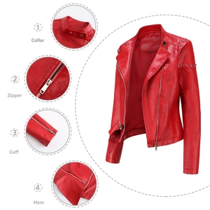 Women's red faux leather biker jacket with silver stud rivets and stand collar