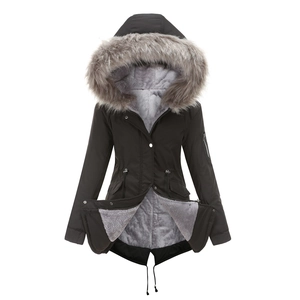 Manteau Parka d'Hiver pour Femme Mi-Long Veste à Capuche Avec Col en Fausse Fourrure Doublé Polaire Chaud Vêtements de Coton
