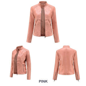 Three-view display of pink faux leather biker jacket with quilted details and zipper pockets